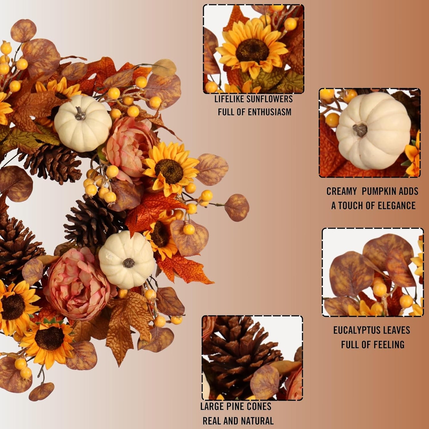 22-Inch Artificial Autumn Wreath with Sunflowers, Peonies, Pumpkins, and Eucalyptus for Thanksgiving and Harvest Celebrations
