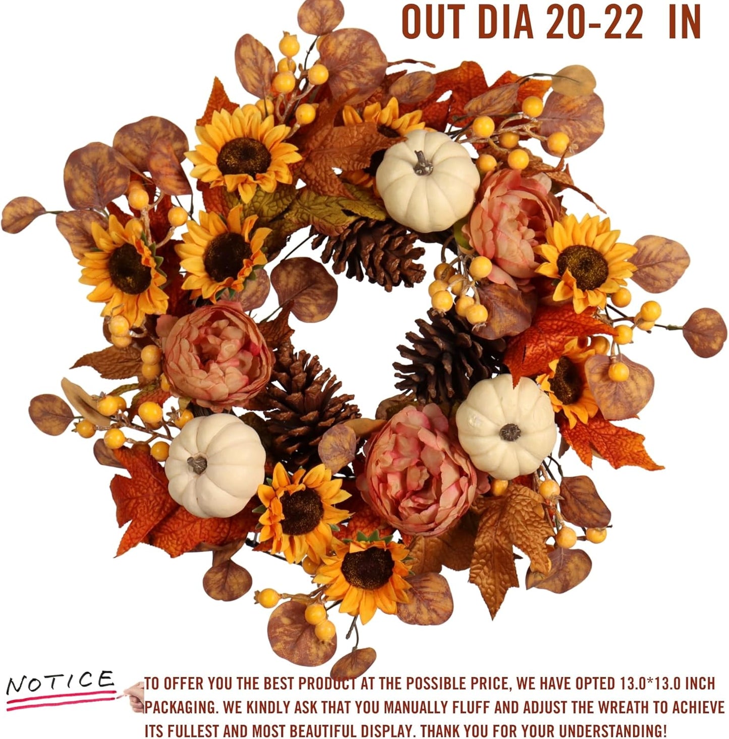 22-Inch Artificial Autumn Wreath with Sunflowers, Peonies, Pumpkins, and Eucalyptus for Thanksgiving and Harvest Celebrations