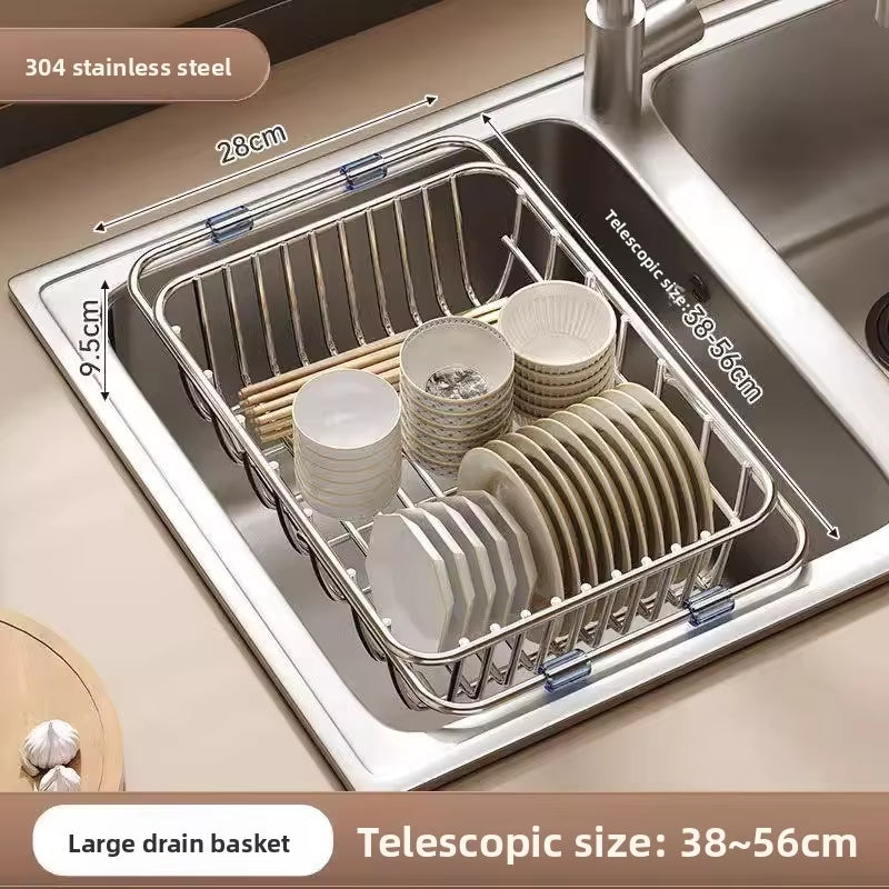 Telescopic Stainless Steel Sink Drain Basket and Dishwashing Rack for Kitchen Utensils and Dishes Storage