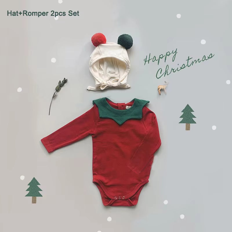 Ins Style Baby Chic Christmas Clothing Sets Romper High Waist Pants Hat Sets Newborn Infant Baby Girl Boy Xmas Outfits
