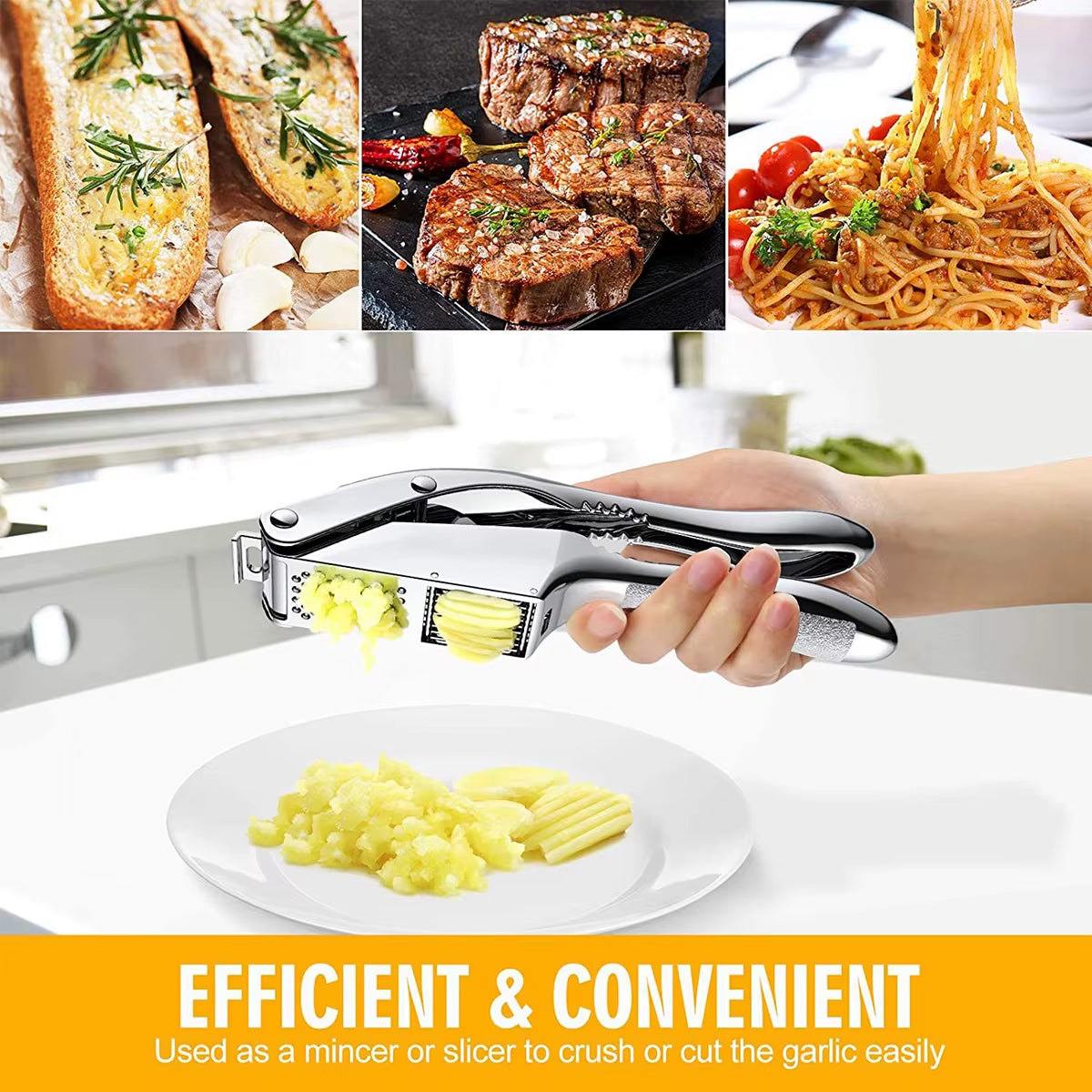 Stainless Steel 2-in-1 Garlic Press and Slicer - Dual Function Handheld Mincer Tool for Kitchen Use