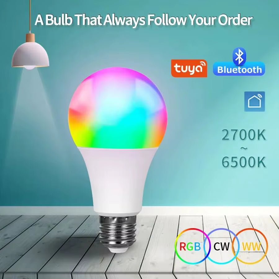 Tuya Bluetooth RGBCW E27 LED Smart Bulb - 9W Dimmable Light with APP Control for Home, Bedroom, and Holiday Decor (85-265V)