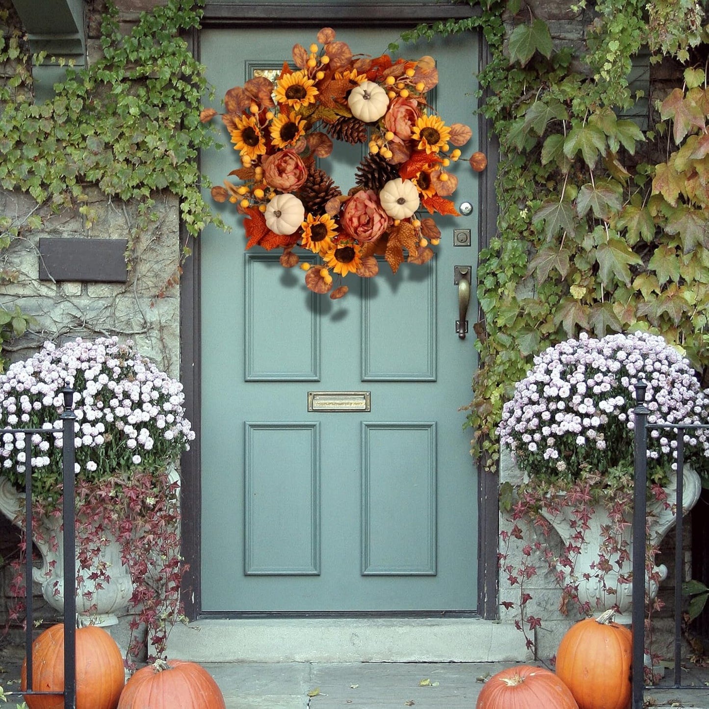 22-Inch Artificial Autumn Wreath with Sunflowers, Peonies, Pumpkins, and Eucalyptus for Thanksgiving and Harvest Celebrations