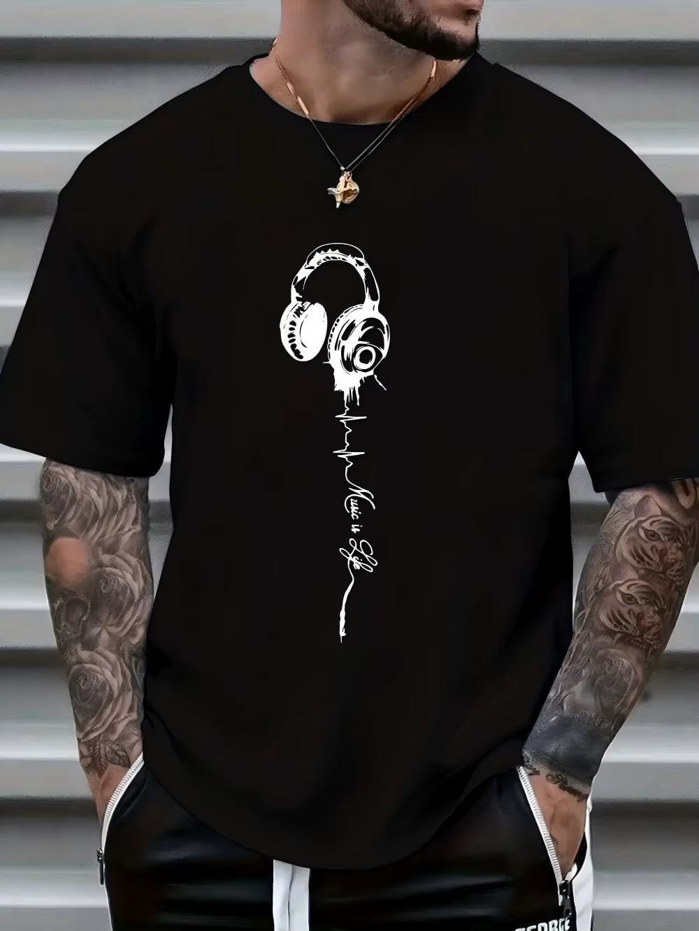 Men'S Summer Earphones with Letter Print, Breathable and Comfortable round Neck T-Shirt, Outdoor Sports and Leisure Top