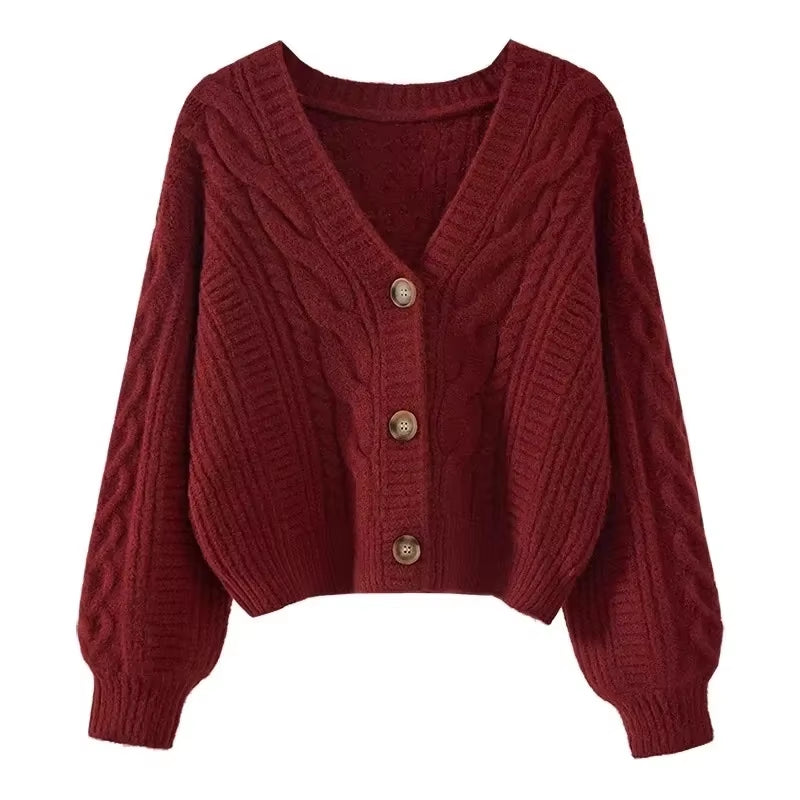 Simple Loose V-Neck Retro Fried Dough Twists Casual Women'S Knitting Cardigan Autumn and Winter Korean Solid Short Sweater Coat