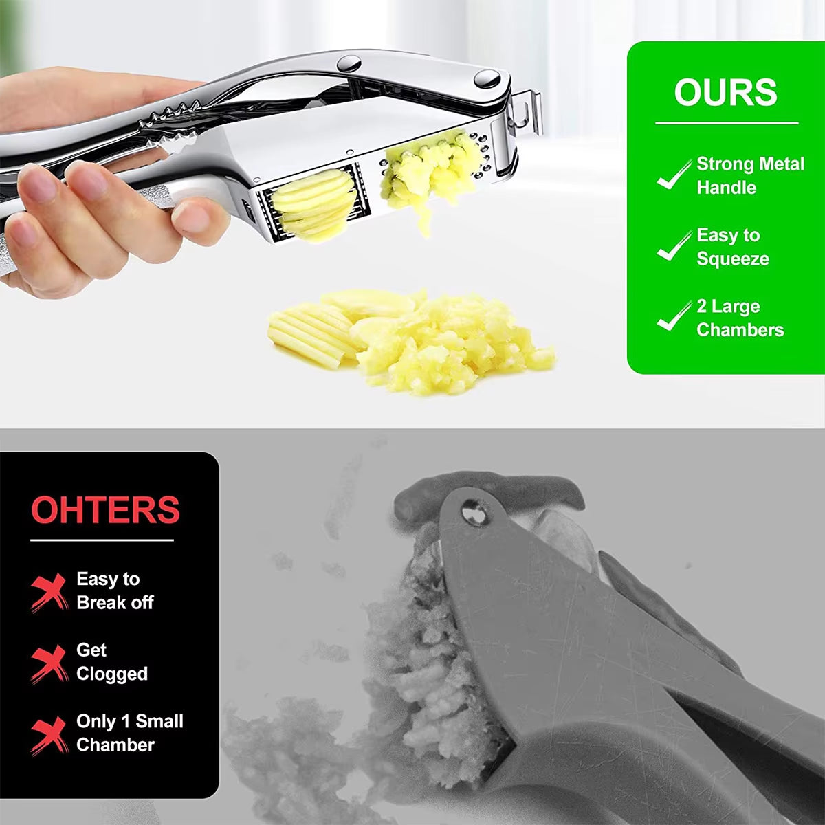 Stainless Steel 2-in-1 Garlic Press and Slicer - Dual Function Handheld Mincer Tool for Kitchen Use