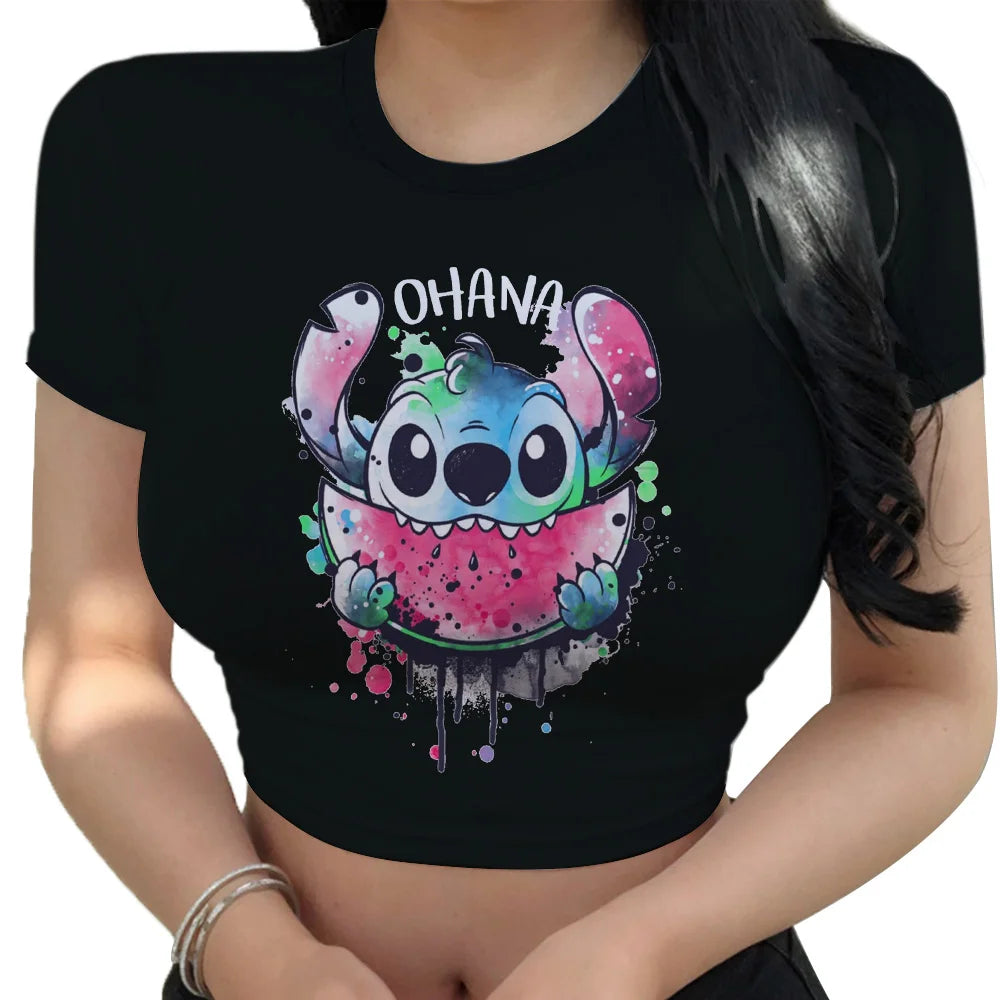 Hot Sale Women'S Red T Shirts Summer 2024 Fashion Disney Stitch Crop Top Harajuku Y2K New Sweet T-Shirt Clothing Kawaii Clothes