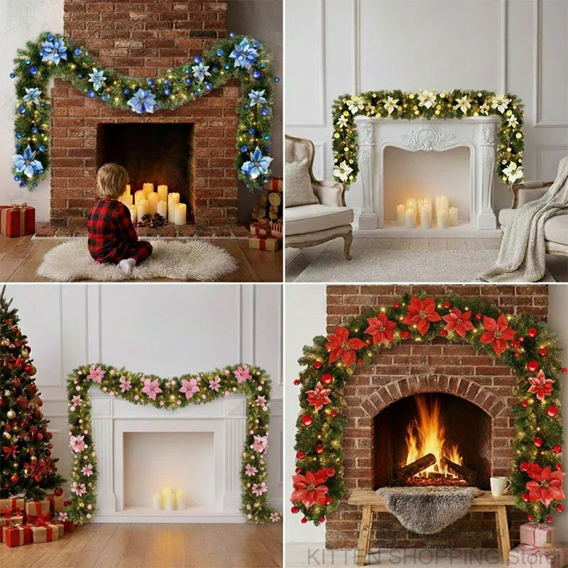Christmas Garland Decorations, 2.7M Staircase Fireplace Christmas Garland Ornament, Xmas Tree Fireplaces Wreath, Home Decoration
