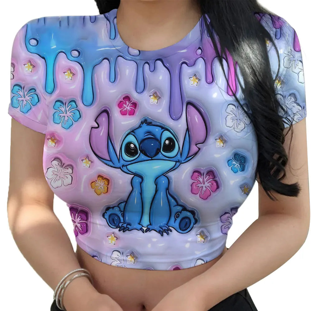 Hot Sale Women'S Red T Shirts Summer 2024 Fashion Disney Stitch Crop Top Harajuku Y2K New Sweet T-Shirt Clothing Kawaii Clothes