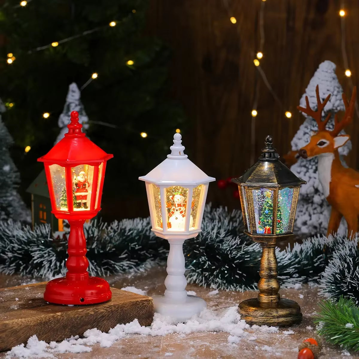 Battery-Powered Indoor Christmas Lanterns Featuring Santa Claus and Snowman Designs for Holiday Home Decor