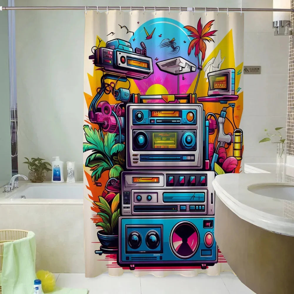 80S Vintage Radio Bathroom Curtains for the Home Shower Shower Curtain Waterproof Folding Partition Accessories Bath Bedrooms