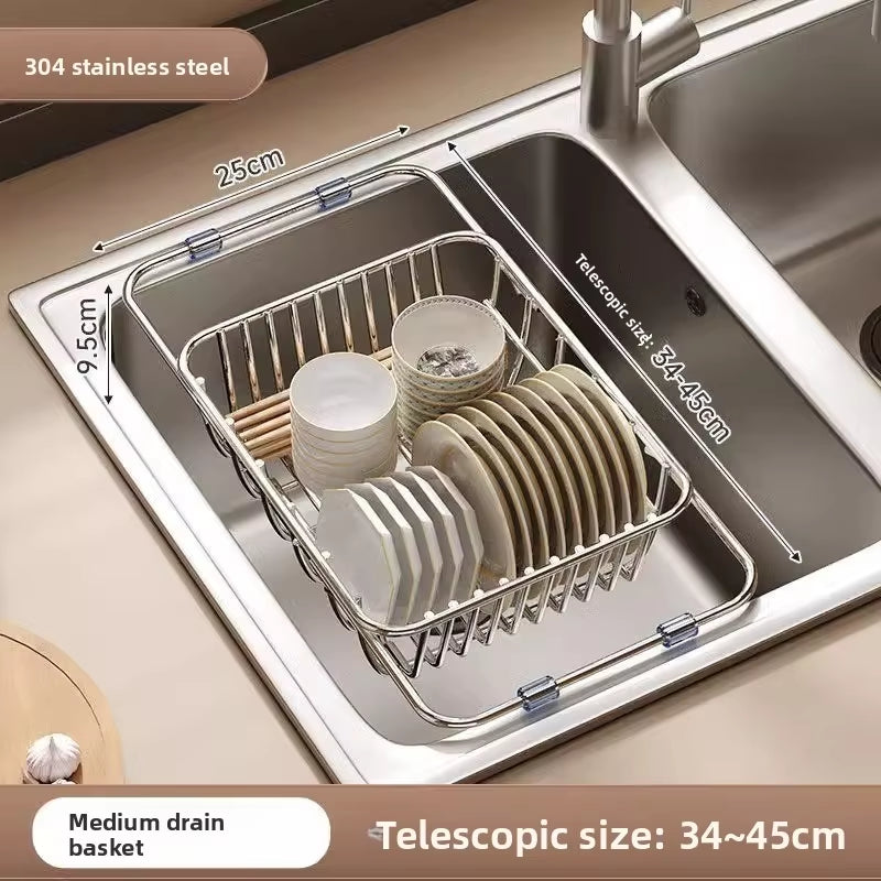 Telescopic Stainless Steel Sink Drain Basket and Dishwashing Rack for Kitchen Utensils and Dishes Storage