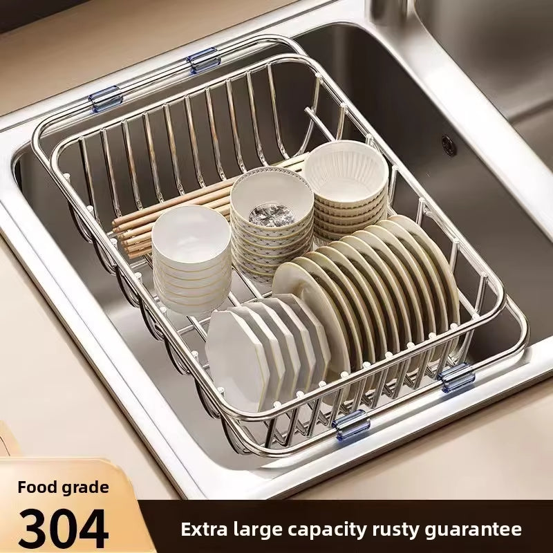 Telescopic Stainless Steel Sink Drain Basket and Dishwashing Rack for Kitchen Utensils and Dishes Storage