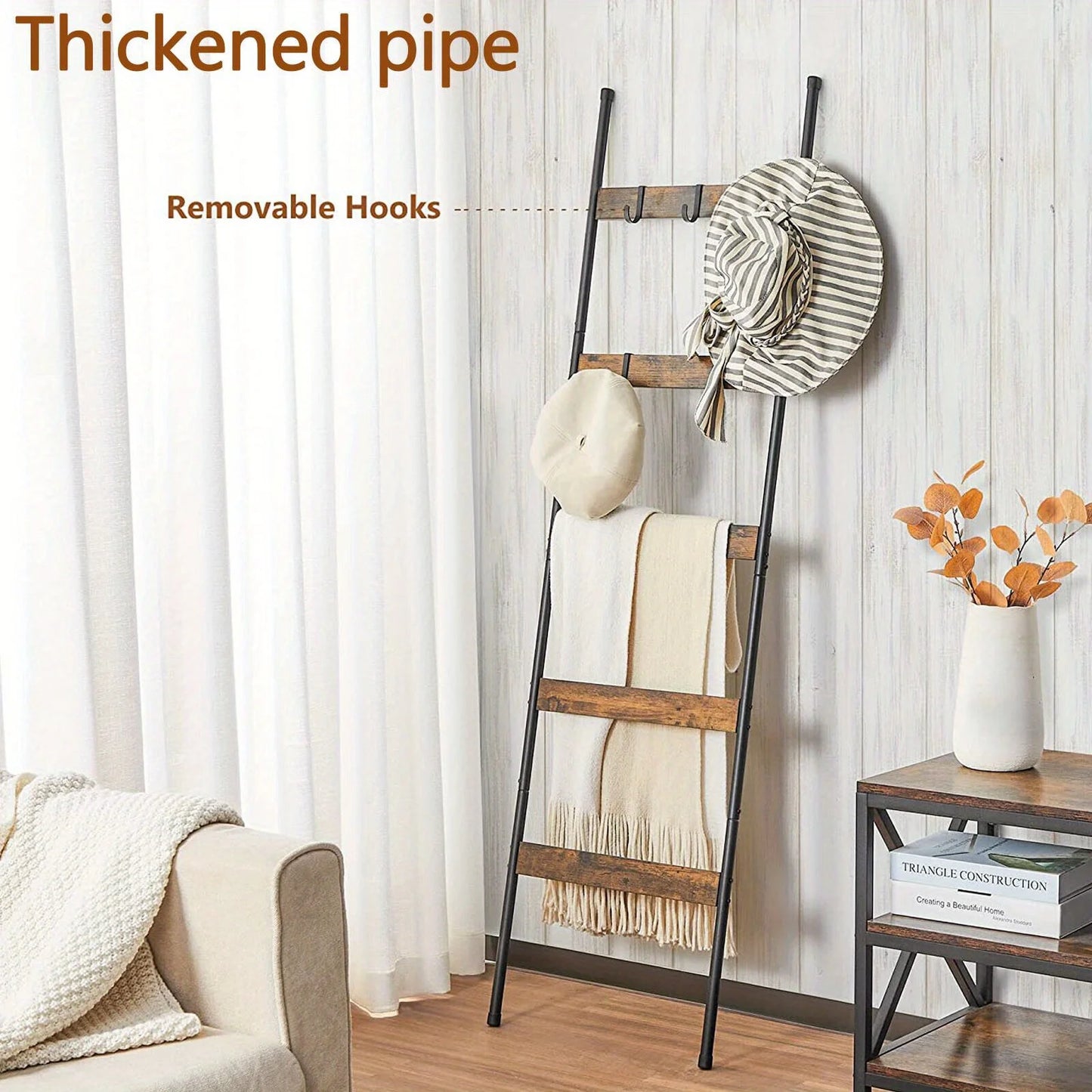 Blanket Ladder, a Five-Tier Blanket Storage Rack Equipped with 10 Detachable Hooks