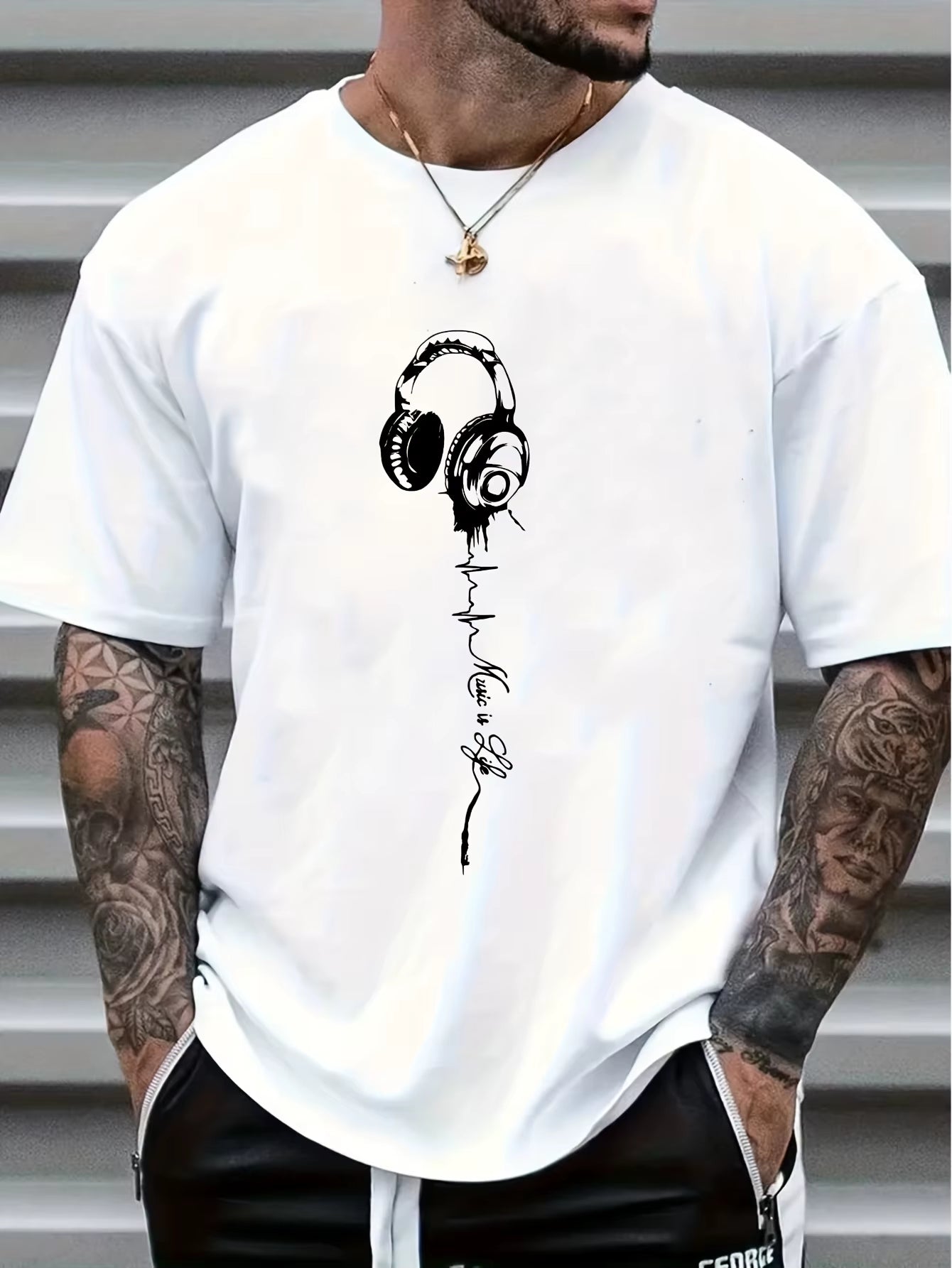 Men'S Summer Earphones with Letter Print, Breathable and Comfortable round Neck T-Shirt, Outdoor Sports and Leisure Top