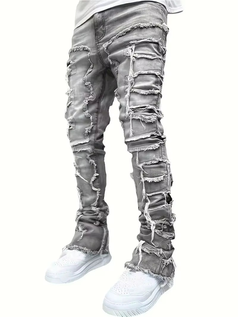 Y2K-Inspired Hip-Hop Fringed Jeans for Men - Casual Stretch Streetwear