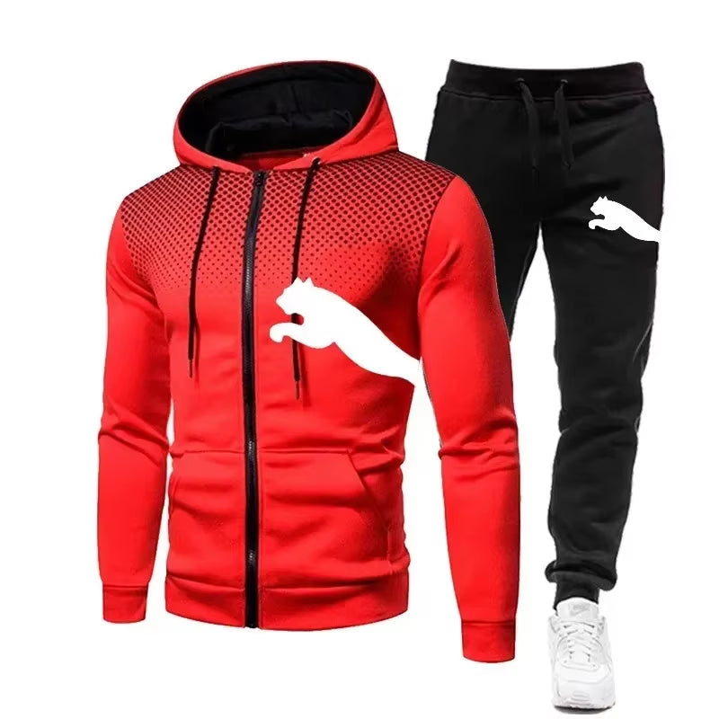New Two-Piece Set of Zippered Hooded Sweatshirts and Sweatpants for Fashionable Men, Casual Outdoor Sports Men in Autumn