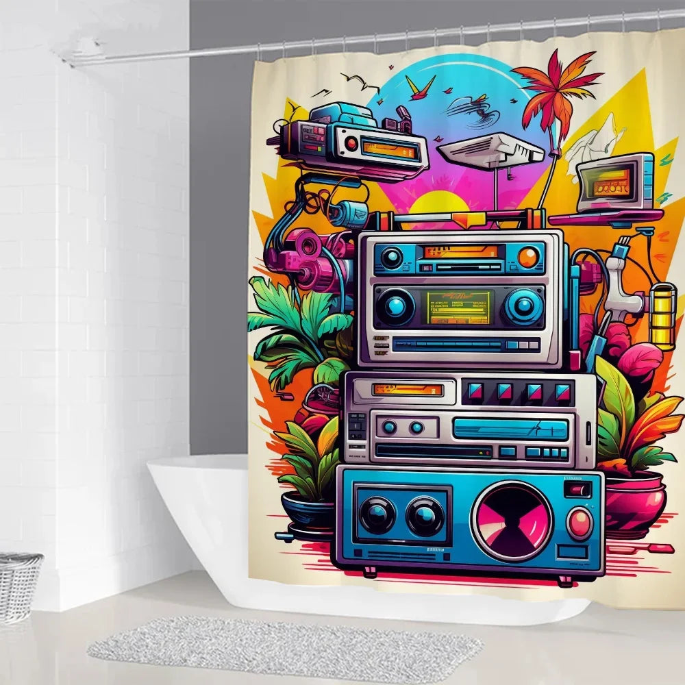 80S Vintage Radio Bathroom Curtains for the Home Shower Shower Curtain Waterproof Folding Partition Accessories Bath Bedrooms