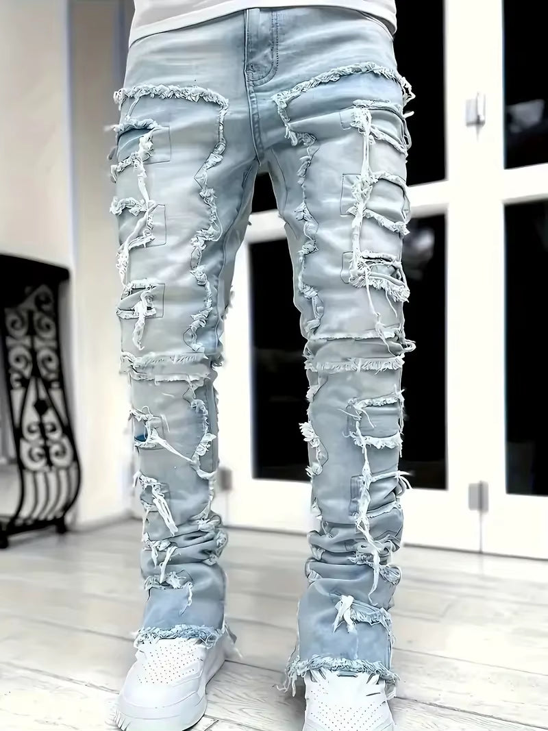 Y2K-Inspired Hip-Hop Fringed Jeans for Men - Casual Stretch Streetwear