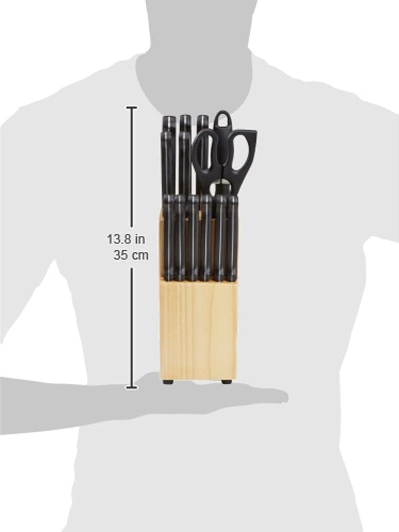 14-Piece High Carbon Stainless Steel Kitchen Knife Set with Sharpener and Pinewood Block, Black