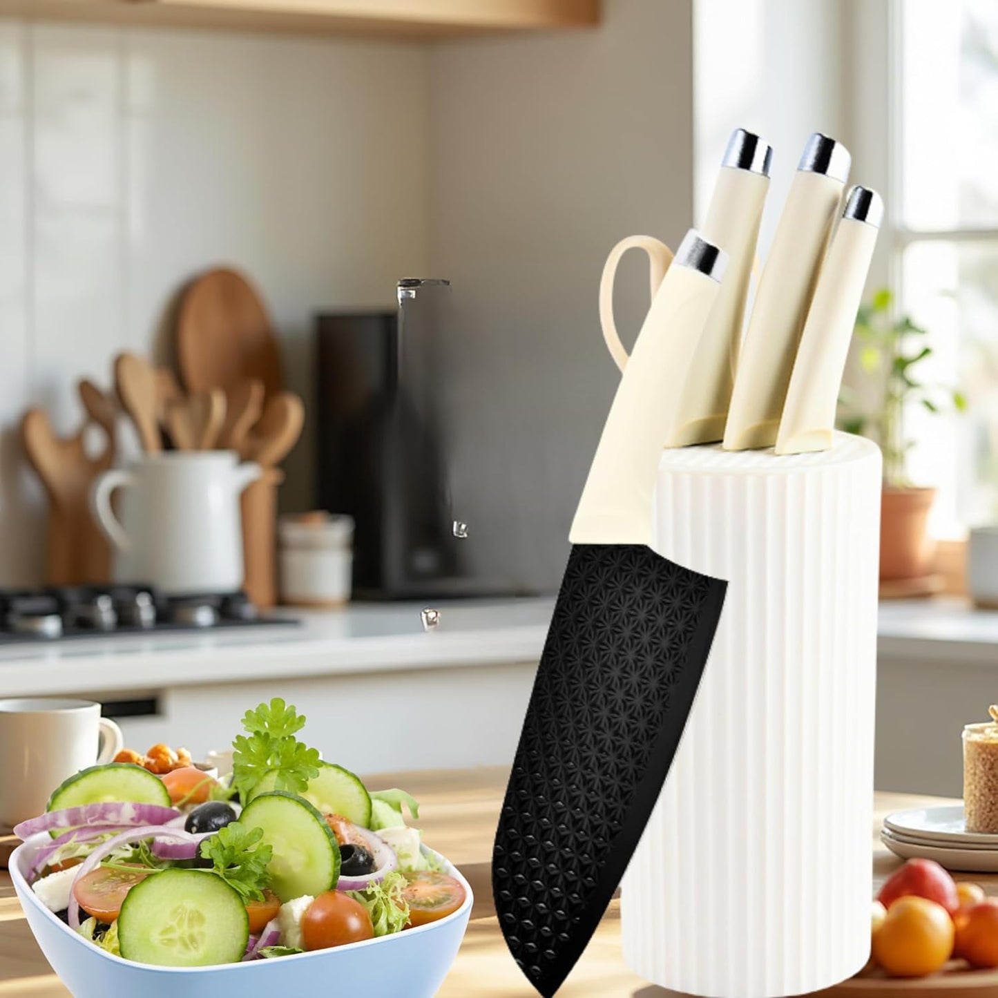 5PCS Knife Set with Universal Block, Sharp Knife Set with Scissors for Heavy-Duty Chopping, RV Apartments New Home Essentials, Non-Stick Coated Blade, Dishwasher Safe