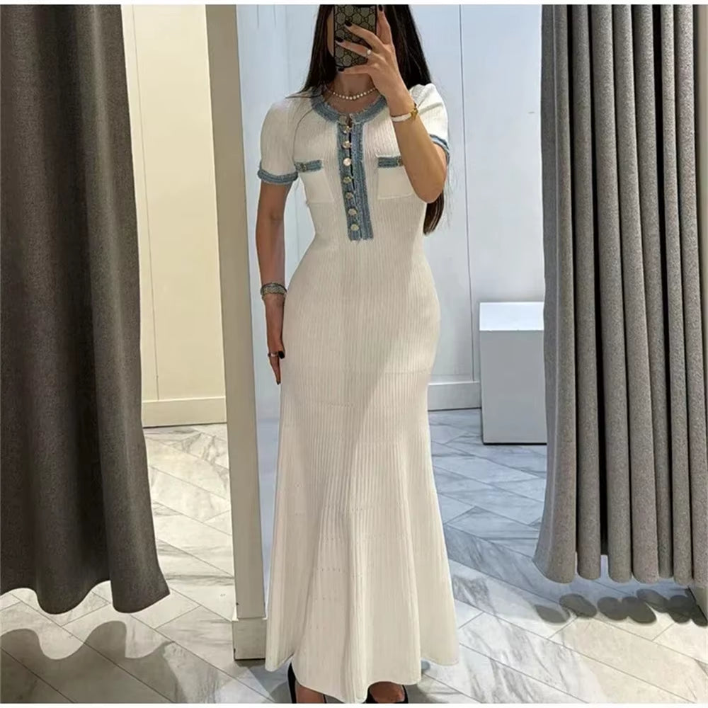 Elegant Contrasting Women Knit Maxi Dress Chic O-Neck Short Sleeve Metal Buttons Bodycon Dresses Office Lady Commuting Robe