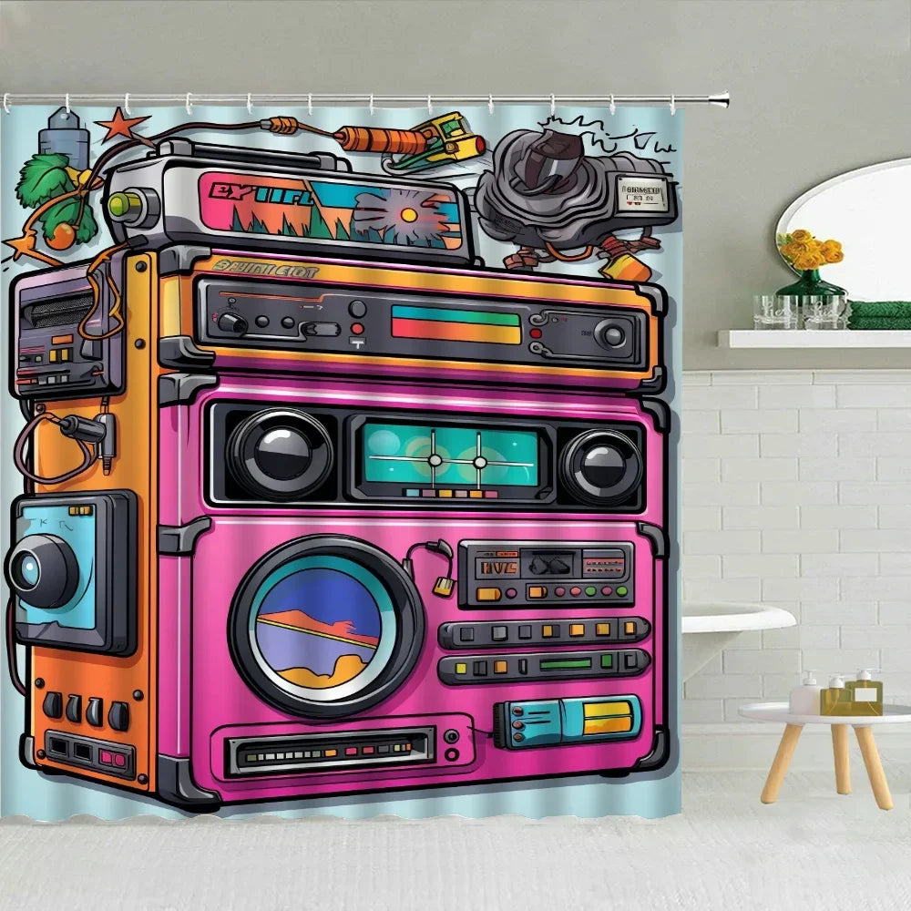 80S Vintage Radio Bathroom Curtains for the Home Shower Shower Curtain Waterproof Folding Partition Accessories Bath Bedrooms