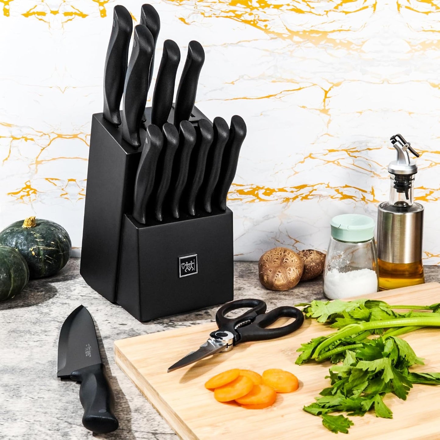 Knife Set, 15 Pcs Kitchen Knife Set with Block Self Sharpening, Dishwasher Safe, Anti-Slip Handle, Black