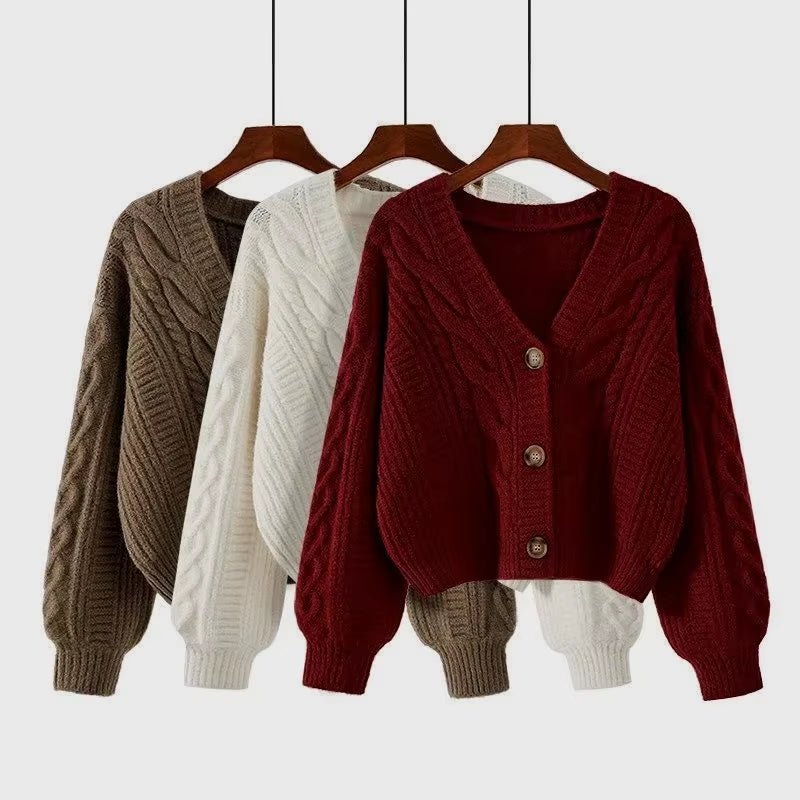 Simple Loose V-Neck Retro Fried Dough Twists Casual Women'S Knitting Cardigan Autumn and Winter Korean Solid Short Sweater Coat