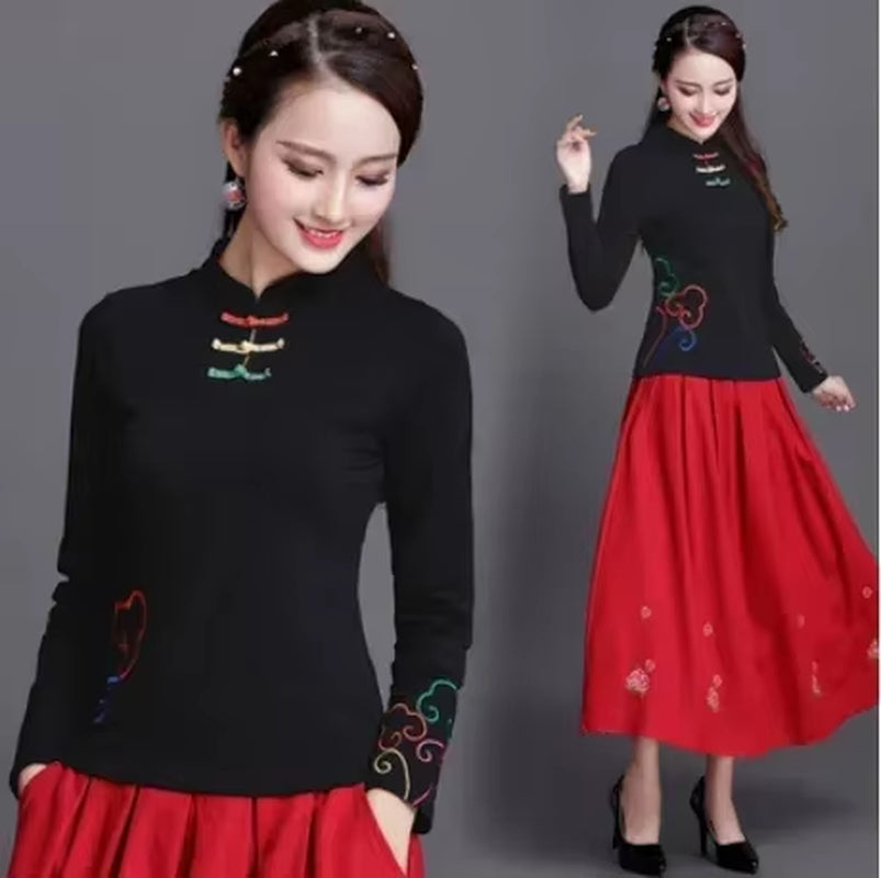 Ethnic Style Streetwear Fashion Casual Women Clothing Shirts for Women Vintage Clothes Tshirt Y2K Top Women Clothes Embroidery