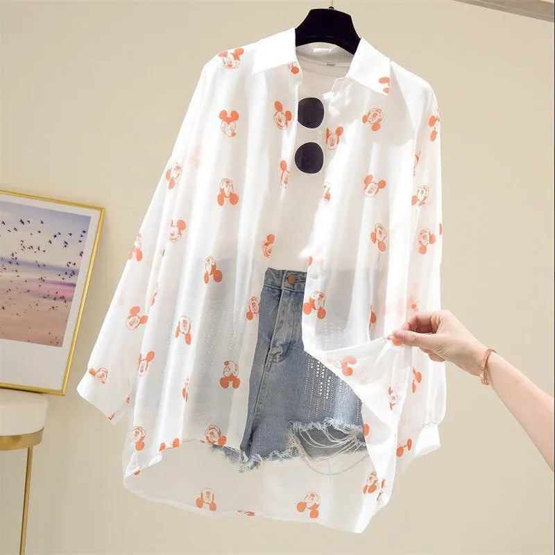 Mickey Mouse Blouse Ladies Long Sleeve Women Shirt Beach Shirts Kawaii Cartoon Summer Disney Clothes Cover-Up Top Casual