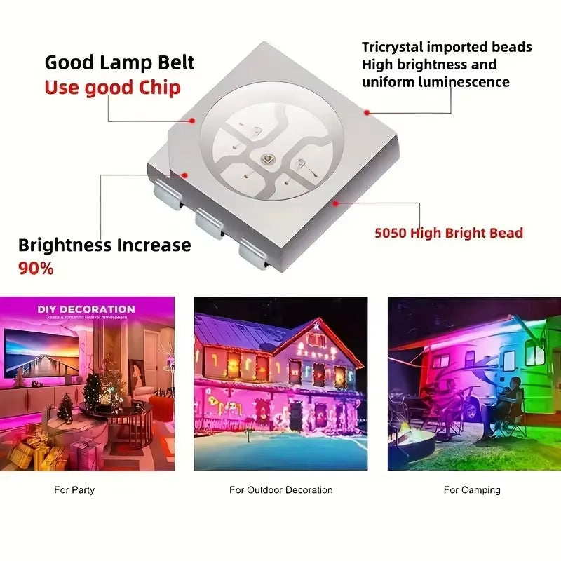 5050 RGB LED Strip Light - 30 LEDs/M, 5M Length, Bluetooth Controller, Power Adapter, Available in 15M, 20M, and 30M Options for Home Decor