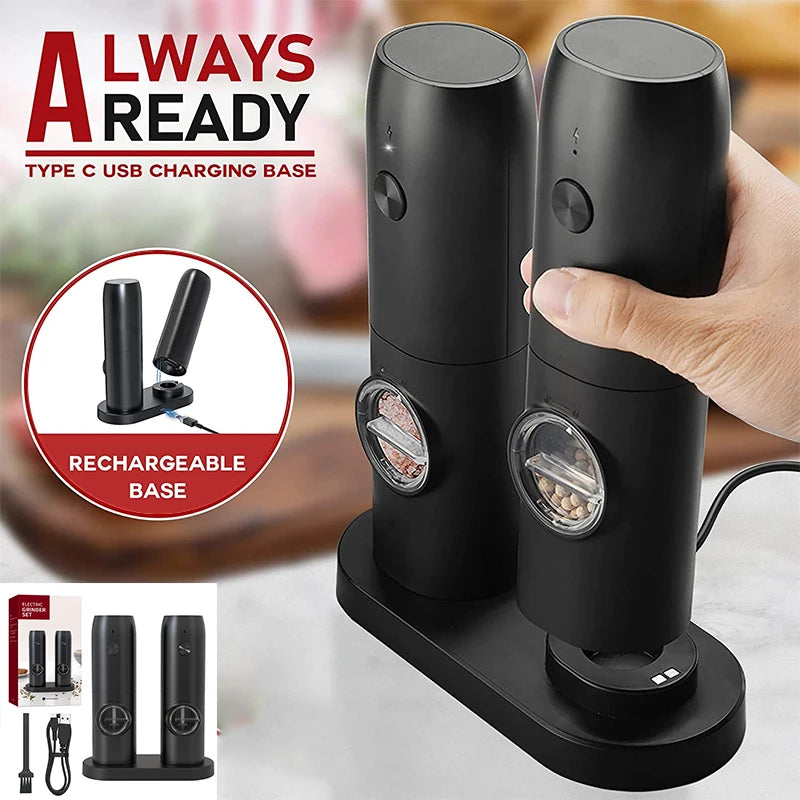 USB Rechargeable Automatic Pepper and Salt Grinder with Adjustable Coarseness and LED Light - Kitchen Essential