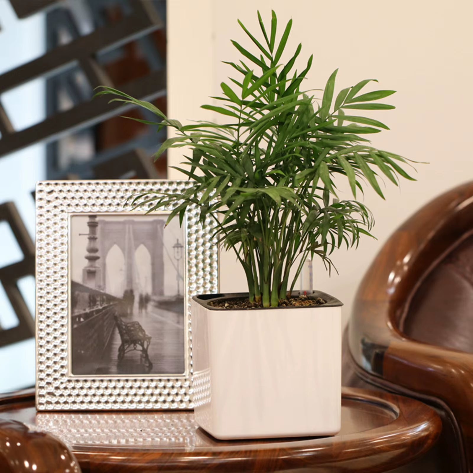 Self-Watering White Flower Pot with Water Level Indicator - Modern Decorative Planter