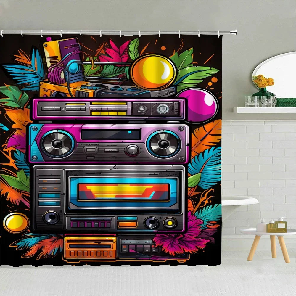 80S Vintage Radio Bathroom Curtains for the Home Shower Shower Curtain Waterproof Folding Partition Accessories Bath Bedrooms