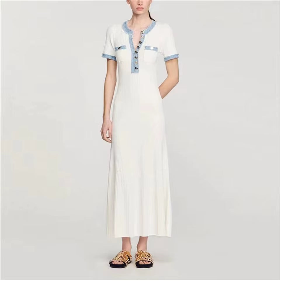 Elegant Contrasting Women Knit Maxi Dress Chic O-Neck Short Sleeve Metal Buttons Bodycon Dresses Office Lady Commuting Robe