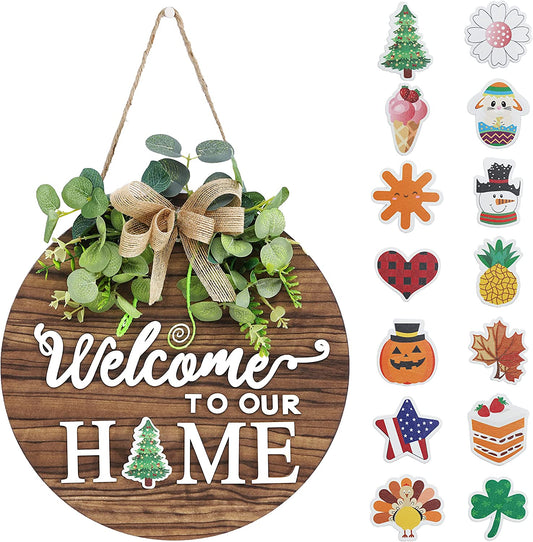 Interchangeable Seasonal Welcome Sign for Front Door Decoration, Rustic Round Wooden Wreaths for Outdoor Use, Ideal for Farmhouse Porches and Year-Round Holidays including Halloween and Christmas.