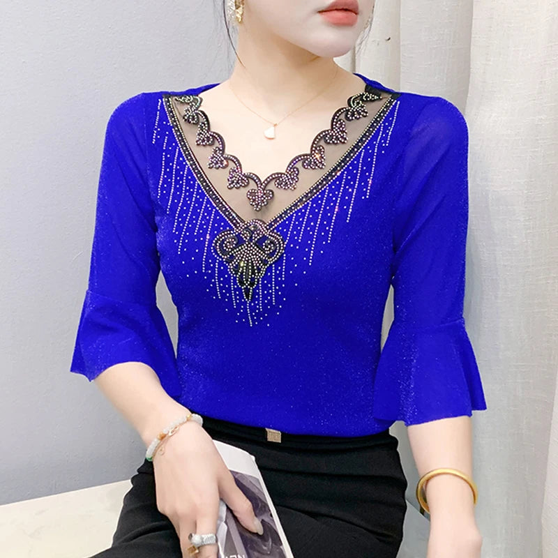 2025 Spring Summer Mesh Tops Korean Fashion Diamond T Shirt Slim 3/4 Sleeve Hollow Out Casual Women Shirt