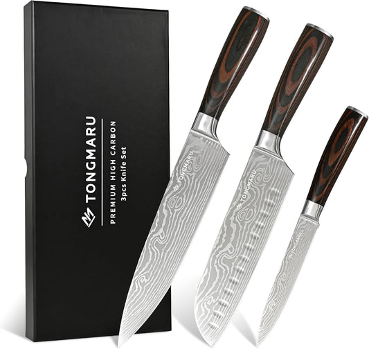 Professional Kitchen Chef Knife Sets, Razor Sharp Premium High Carbon German Steel 3 Pcs Knife Set, Ergonomic Forged Pakkawood Handle, Chef, Santoku & Utility Knife, with Premium Gift Box, for Family