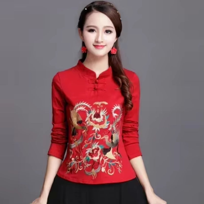 Ethnic Style Streetwear Fashion Casual Women Clothing Shirts for Women Vintage Clothes Tshirt Y2K Top Women Clothes Embroidery