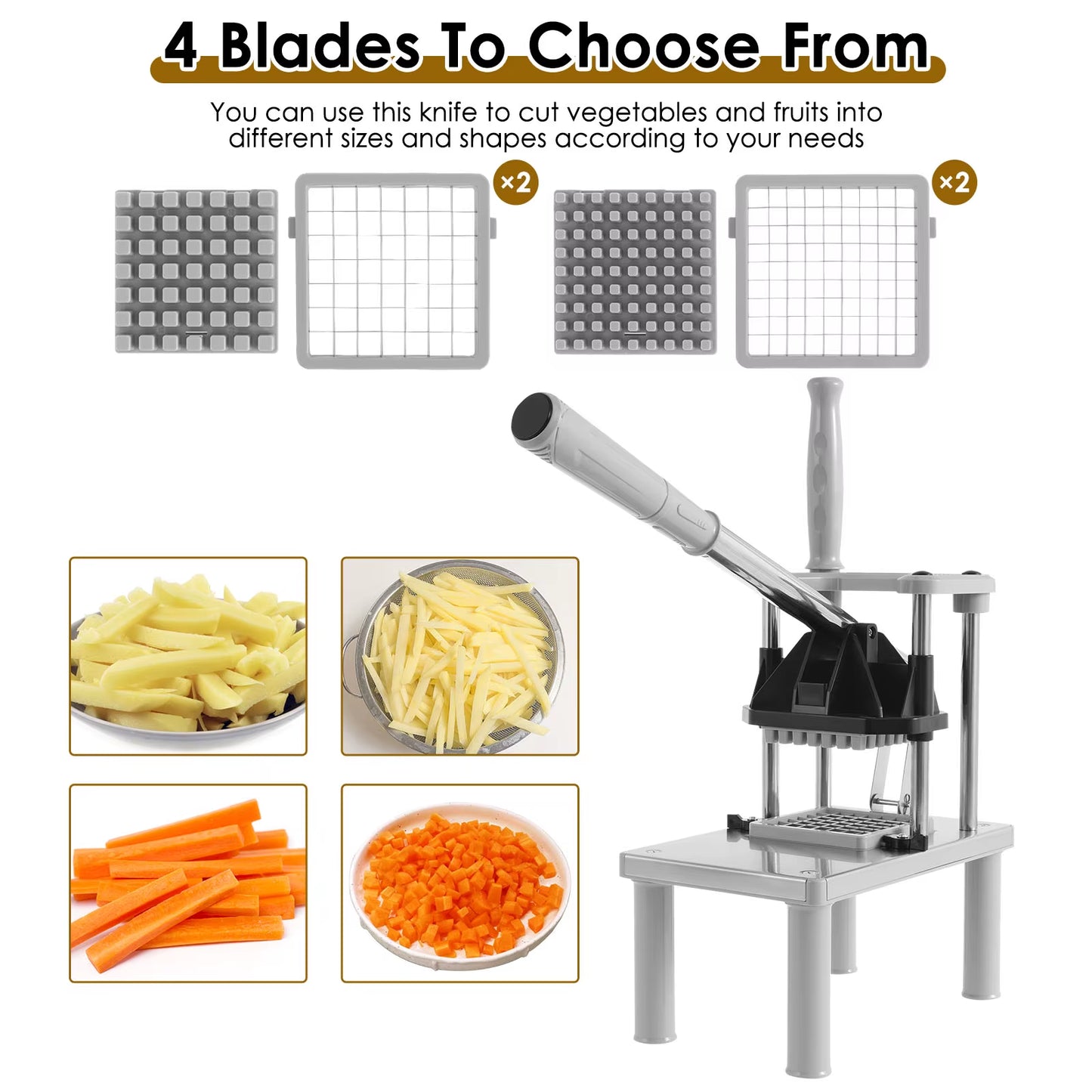 Commercial Stainless Steel French Fry Cutter and Vegetable Chopper with Manual Operation and 4 Replacement Blades