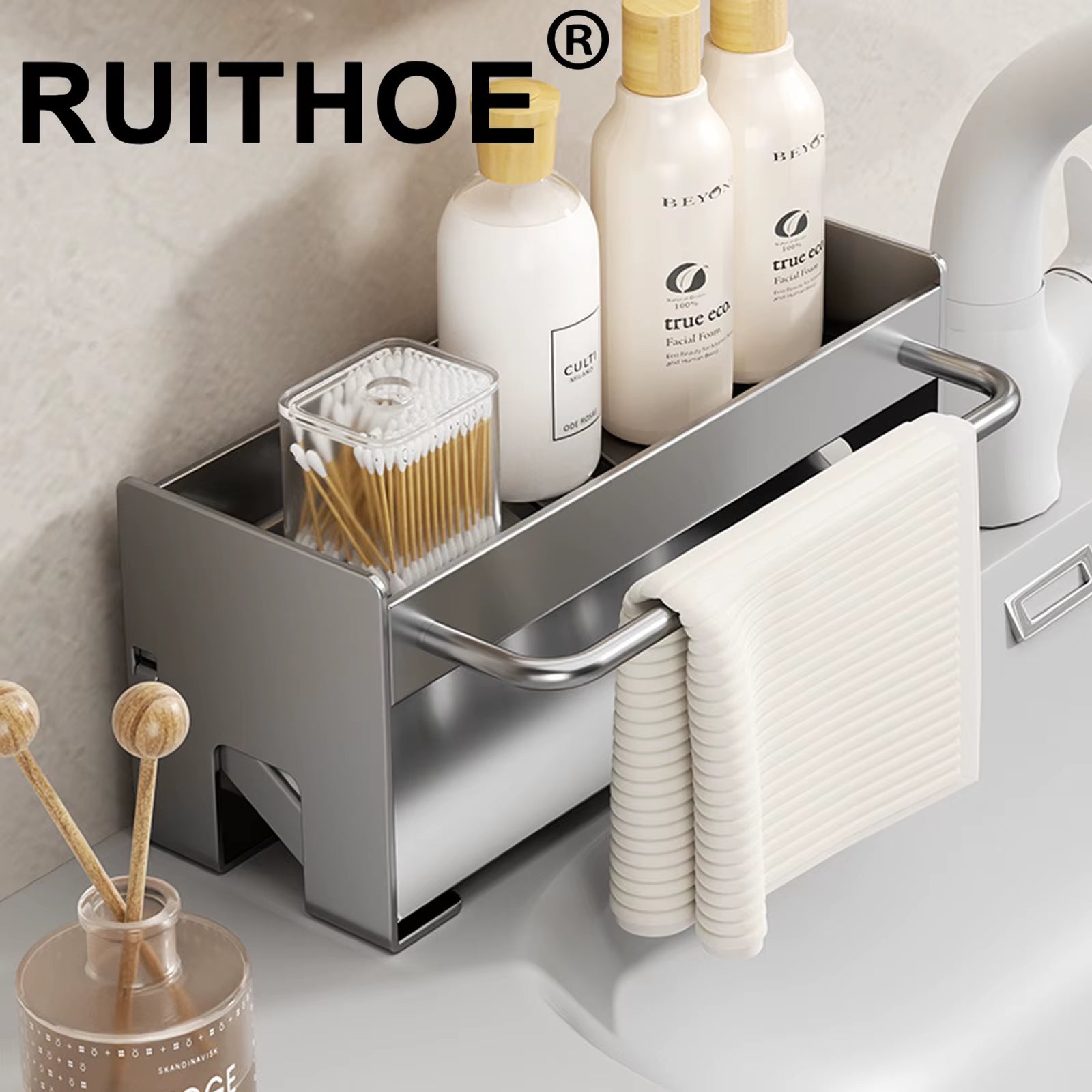 Space Aluminum Kitchen Sponge Holder and Sink Drain Rack - Soap Drainer and Towel Shelf Organizer for Bathroom Storage