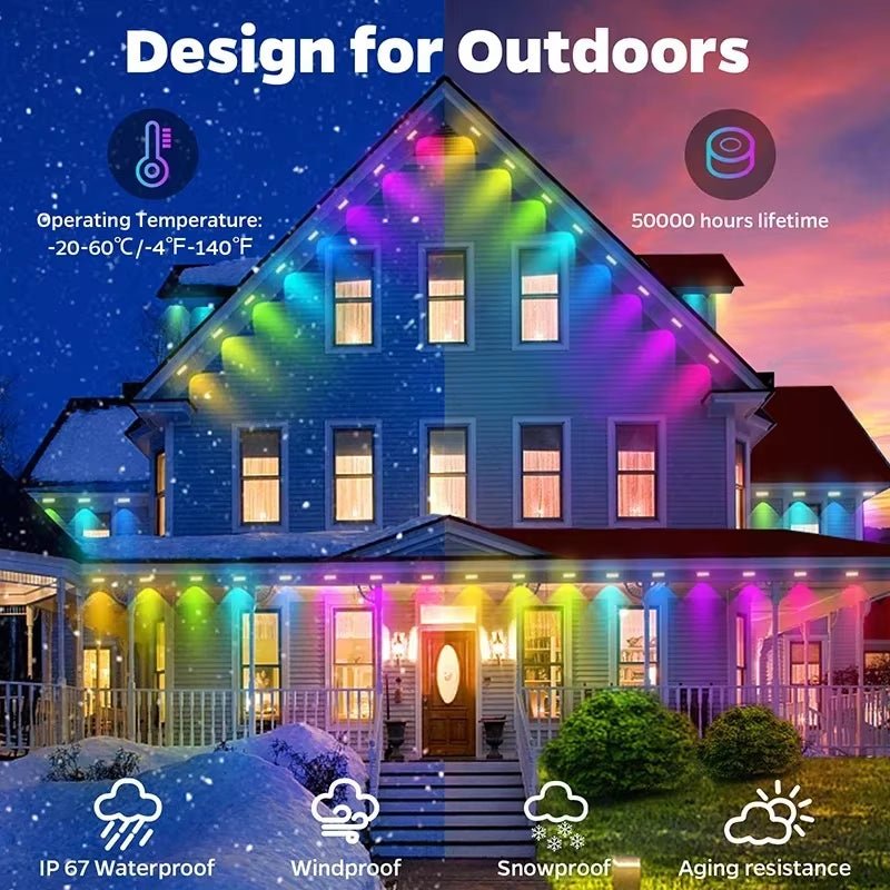 100FT Waterproof RGB LED String Lights with 60 LEDs for Permanent Outdoor Use - Ideal for Christmas, Birthdays, and Holiday Parties