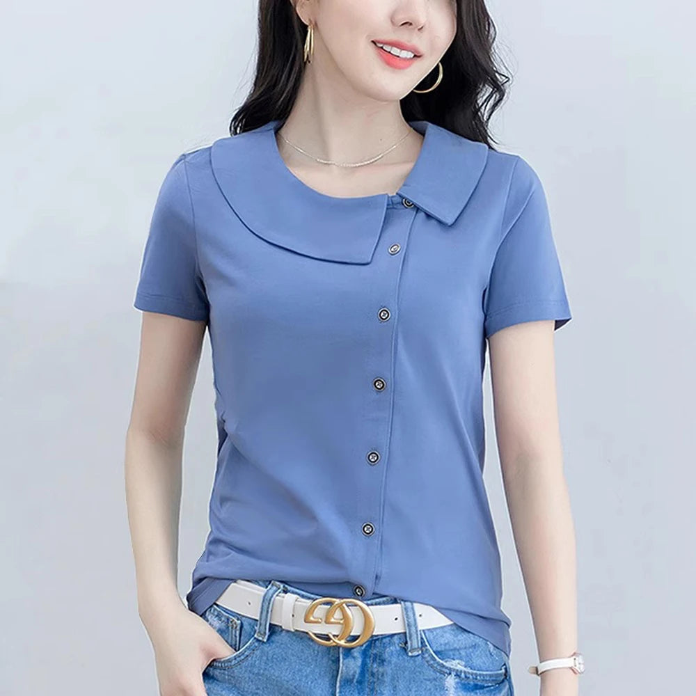 Korean Version Blue Pure Cotton Short Sleeved T-Shirt Women'S Summer New Polo Shirt Loose Half Sleeved Shirt Slim Fit Lapel Top