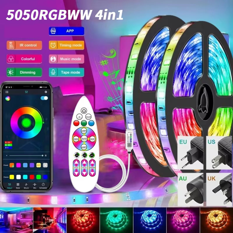 RGBWW 4-in-1 LED Light Strip with App Control and USB Power Supply for Flexible Room and Party Decoration