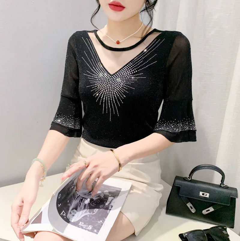 2025 Spring Summer Mesh Tops Korean Fashion Diamond T Shirt Slim 3/4 Sleeve Hollow Out Casual Women Shirt