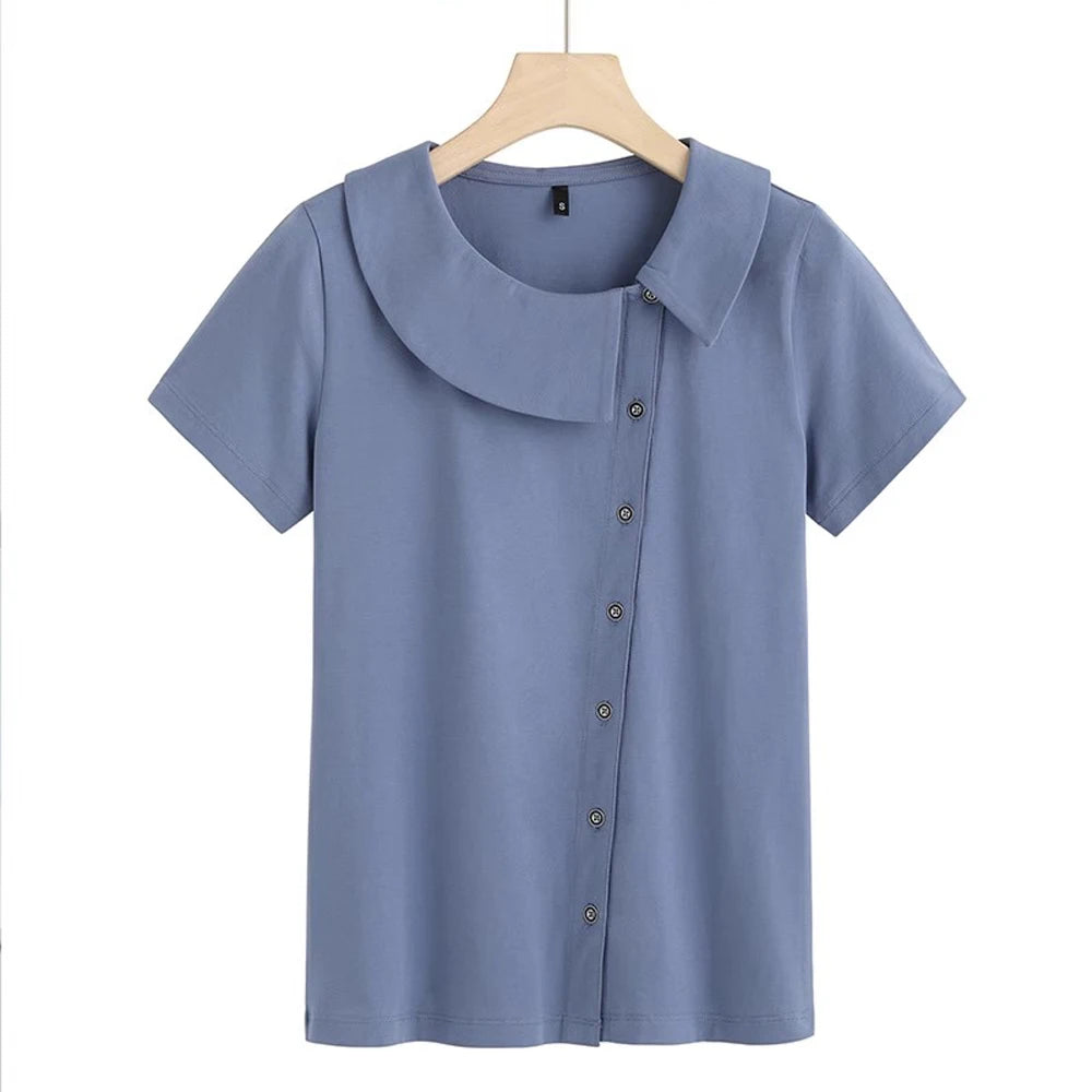 Korean Version Blue Pure Cotton Short Sleeved T-Shirt Women'S Summer New Polo Shirt Loose Half Sleeved Shirt Slim Fit Lapel Top