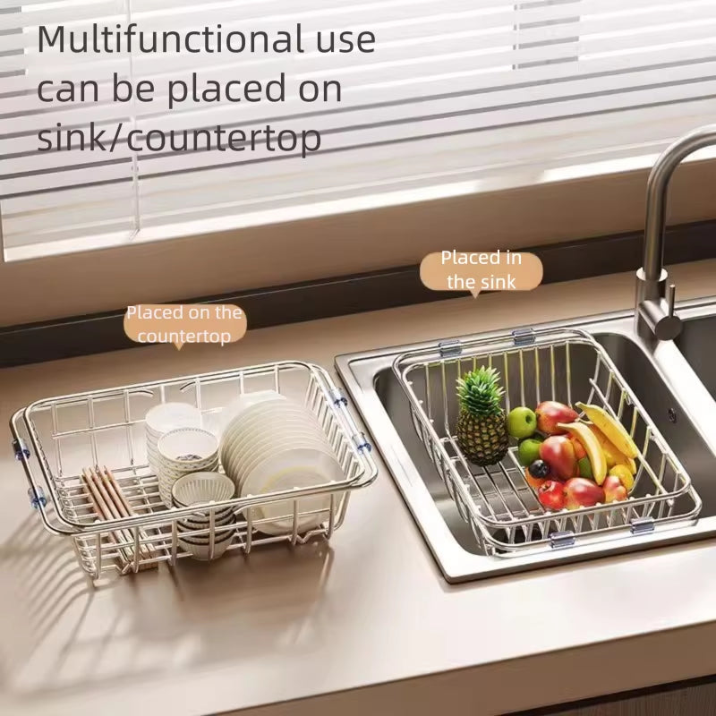 Telescopic Stainless Steel Sink Drain Basket and Dishwashing Rack for Kitchen Utensils and Dishes Storage