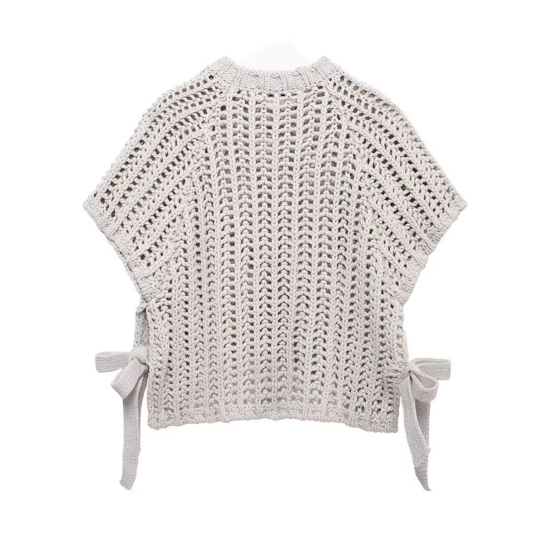 Hollow Out Knit Pullover Women Casual round Neck Lace up Bow Sweater Female Autumn Short Sleeves Solid Knitwears Lady