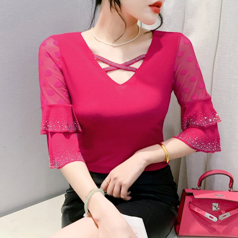 2025 Spring Summer Mesh Tops Korean Fashion Diamond T Shirt Slim 3/4 Sleeve Hollow Out Casual Women Shirt